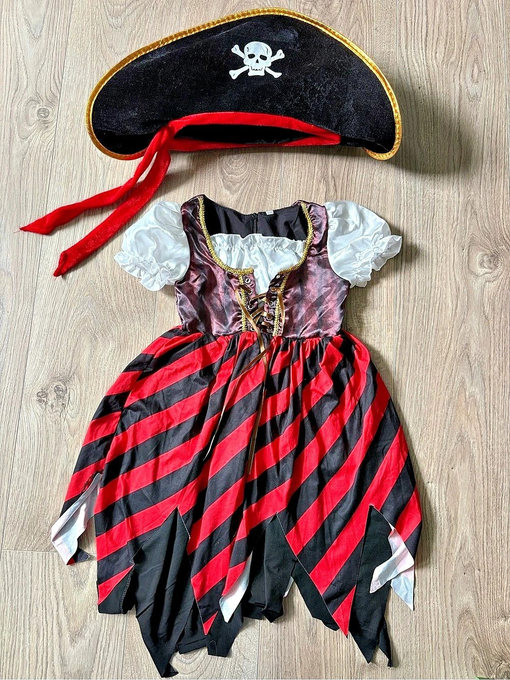 Girls Size 110 Red & Black Striped Pirate Halloween Costume